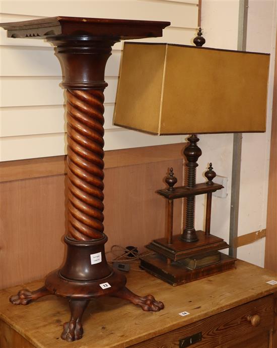 A book press converted to a lamp and a mahogany torchere, H.90cm